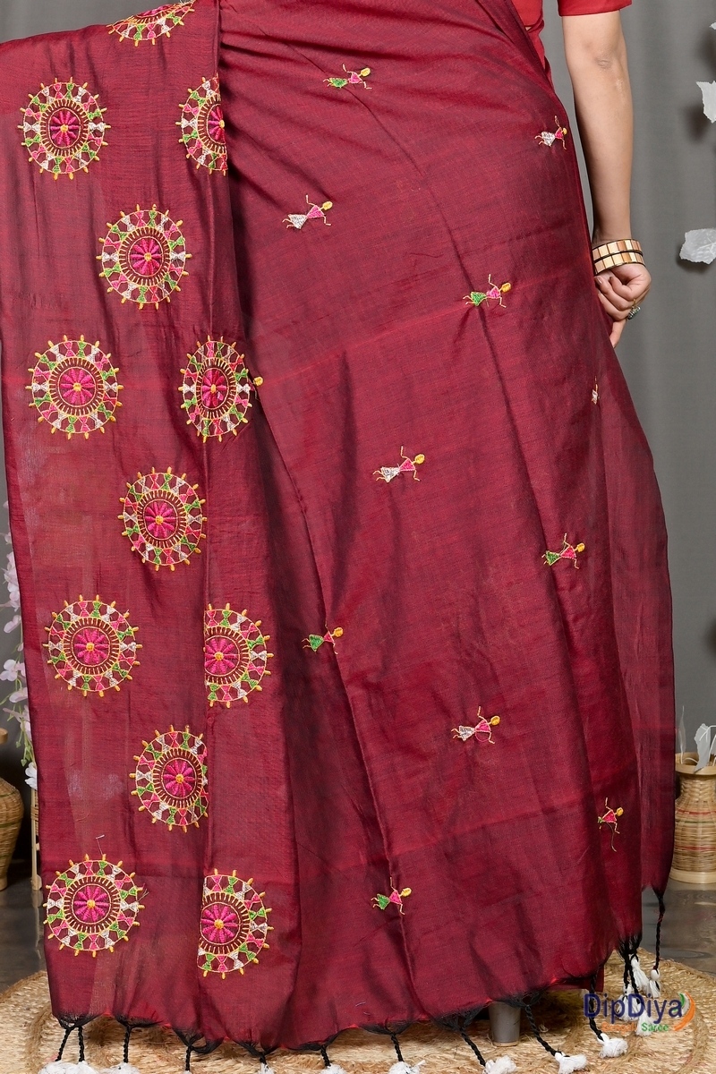 Marun Pure Cotton Parama Embroidery Handloom saree (288)